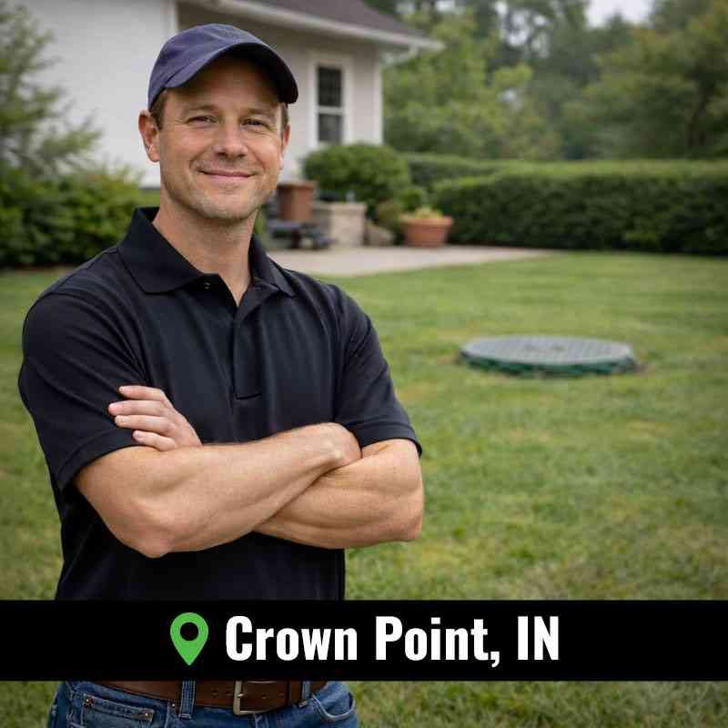 Sewer line repair Crown Point technician performing underground sewer diagnostics at a residential property