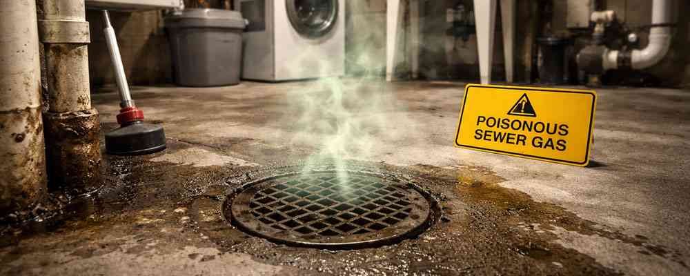 Basement drain area where a House Smells Like Sewage and odors may be coming from the plumbing system.