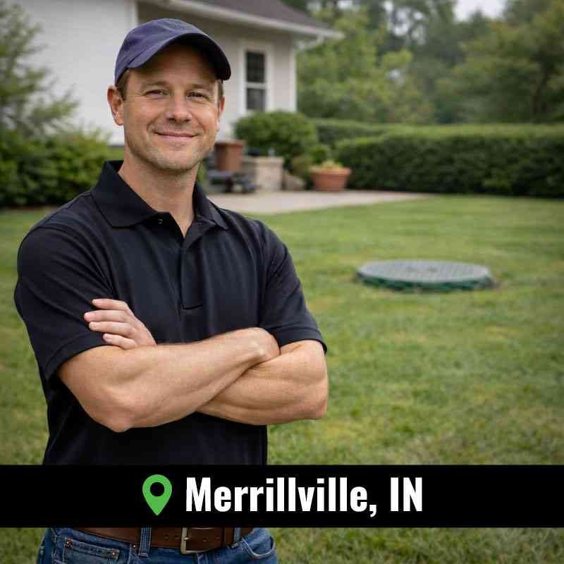 sewer line repair Merrillville technician diagnosing a sewer drain issue at a Merrillville property