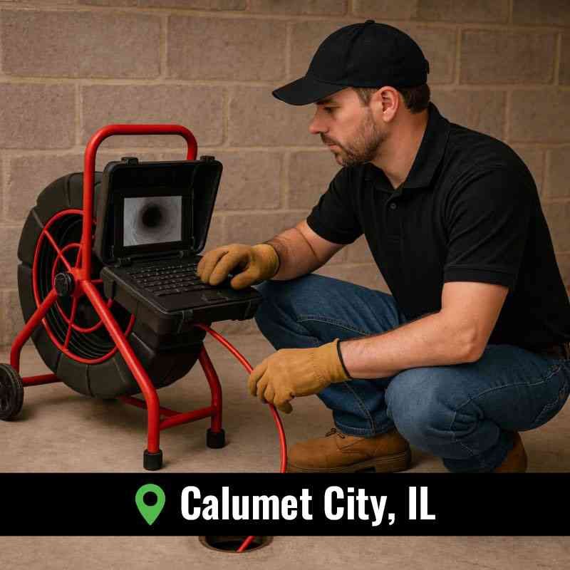 Sewer camera inspection Calumet City IL performed by a Flotek Sewer & Drain technician using professional sewer video inspection equipment