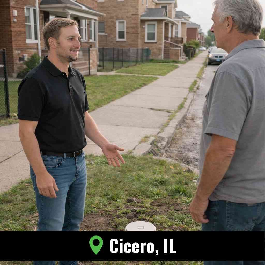 Sewer rodding Cicero, IL service clearing a clogged main line near a residential cleanout after heavy rain