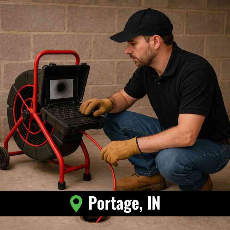Sewer camera inspection Portage IN performed by a Flotek Sewer & Drain technician using professional sewer video inspection equipment