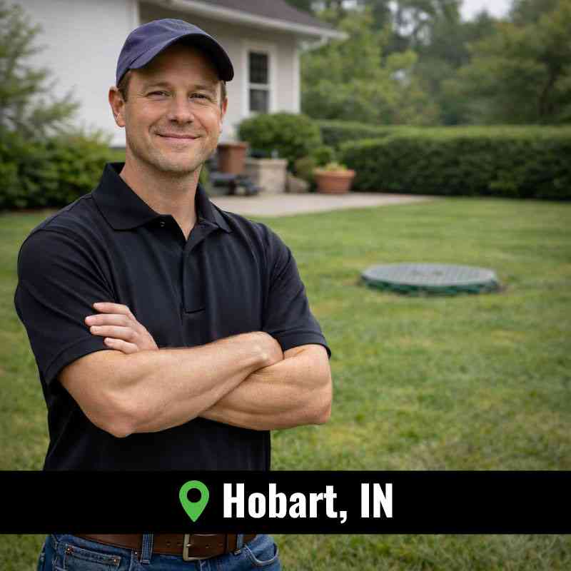Technician performing sewer line repair Hobart IN service using advanced camera inspection equipment in a residential yard.