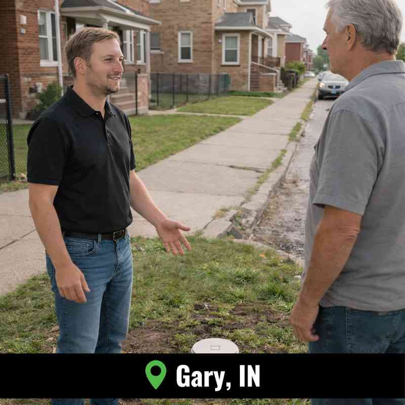 Technician performing sewer rodding Gary IN service at a residential property with professional drain equipment