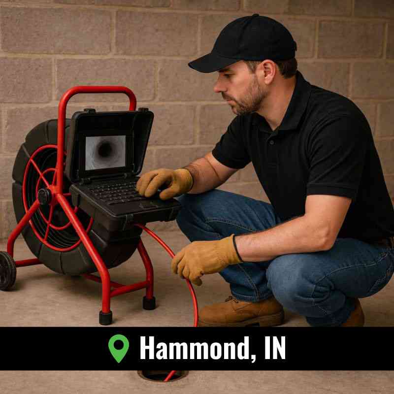 Technician performing sewer camera inspection Hammond IN to diagnose underground sewer line issues using a drain CCTV camera.