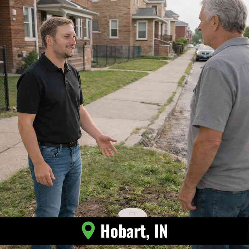 Technician performing sewer rodding Hobart IN service near a residential property with professional sewer equipment