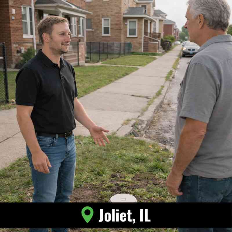 Technician performing sewer rodding Joliet IL service at a residential property with professional sewer and drain equipment
